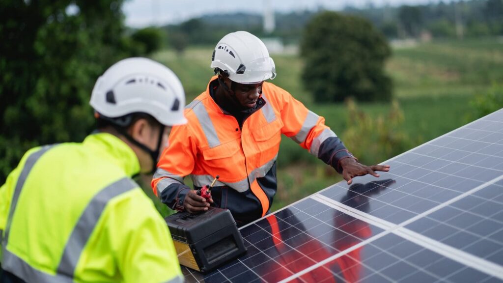 Service engineers inspecting solar panels to highlight maintenance and financial benefits tied to a solar lease buyout.