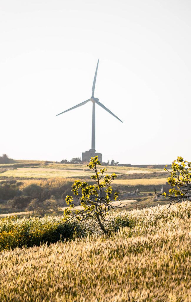 Rural landscape with a wind turbine in the background, illustrating a renewable energy project where investors assume the lease.